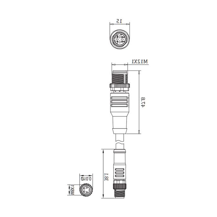 M8 straight 4Pin to M12 straight 4Pin (D-coded), double-ended pre-cast PVC non-flexible cable, shielded, green sheath, 0C3081-XXX